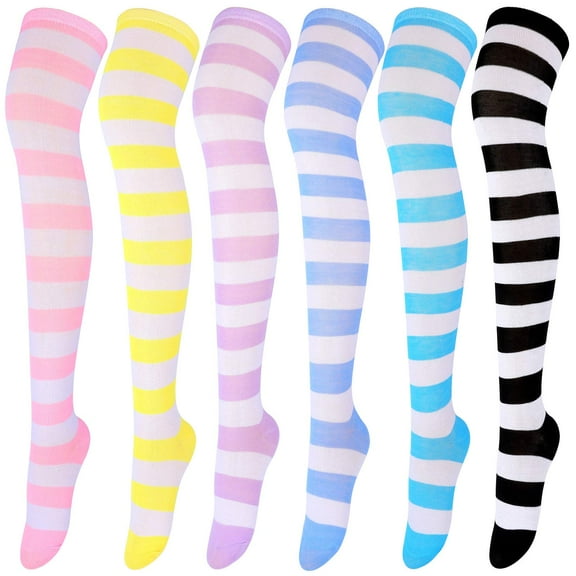 6 Pairs Striped Over Knee High Socks Stripe High Thigh Stockings Women Long Socks for Daily Wear, Cosplay