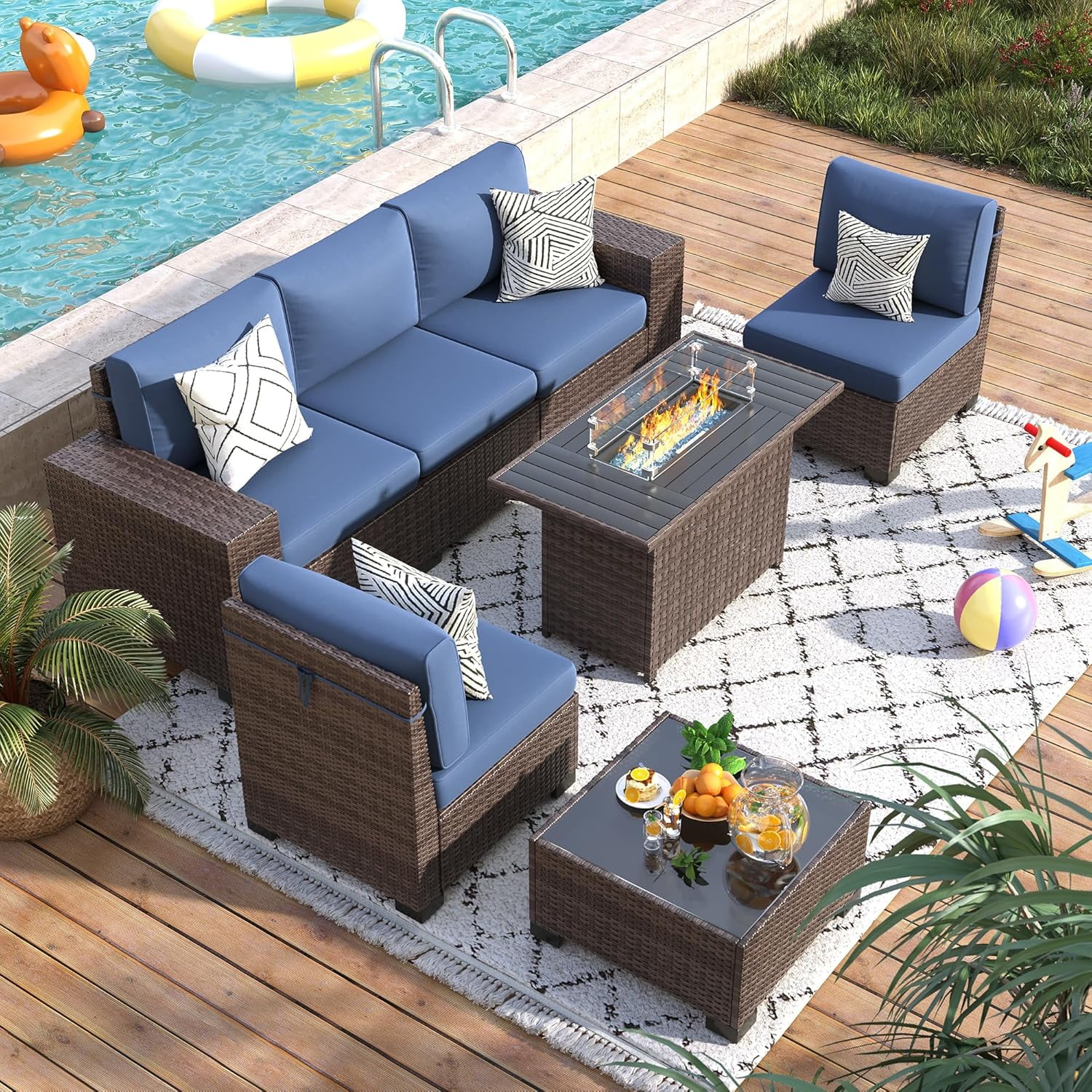ELPOSUN Outdoor Sectional Furniture Set with Fire Pit Table, 7-Piece Brown Rattan Wicker Conversation Sofa Set for Porch Garden Backyard Balcony,Blue