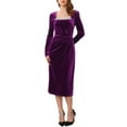 thumbnail image 2 of INSPIRE CHIC Women's Velvet Ruched Dress Square Neck Long Sleeve Formal Evening Cocktail Midi Dresses M Purple, 2 of 6