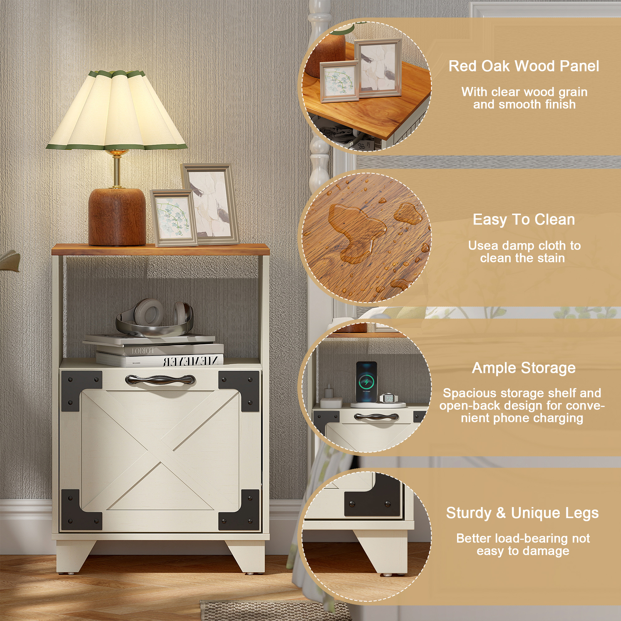 Manxile Fluted 2-Drawer Nightstand with Charger Station, Farmhouse Nightstand Storage Shelf, Bedside Table for Bedroom Living Room