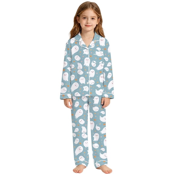 CONZONE Halloween Girls Pajamas Set Toddler Girls Printed Long Sleeve Button Down Tops and Pants Hallowmas Sleepwear Soft 2 Piece Pjs Set for Girls Size 3-4 Years