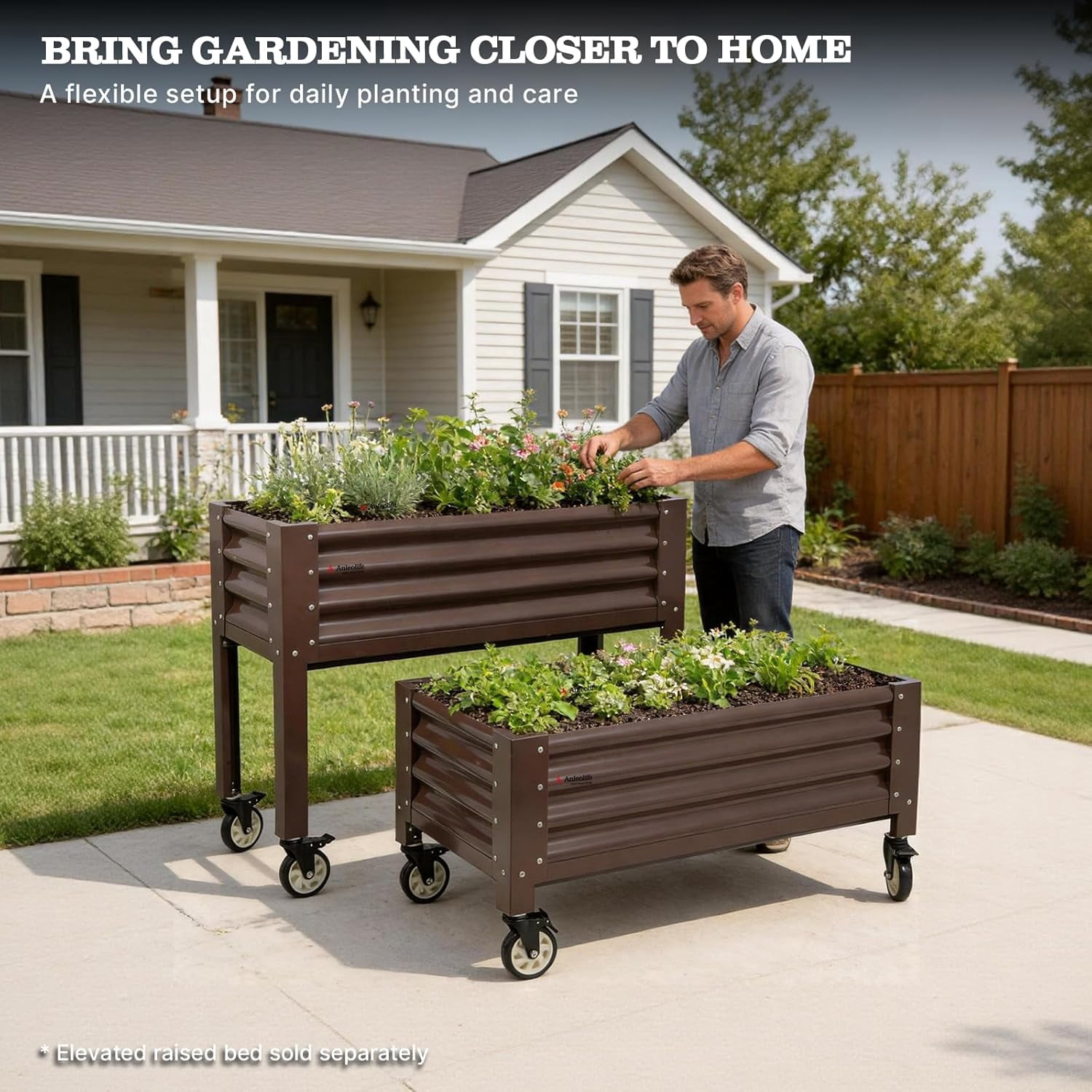 A ANLEOLIFE Low Profile Elevated Garden Bed 4ft x 2ft - 22in Raised Planter Box with Legs with Stainless Steel Casters, Extra Spacious for Balcony, Patio, 600lb Capacity, CaféBronze