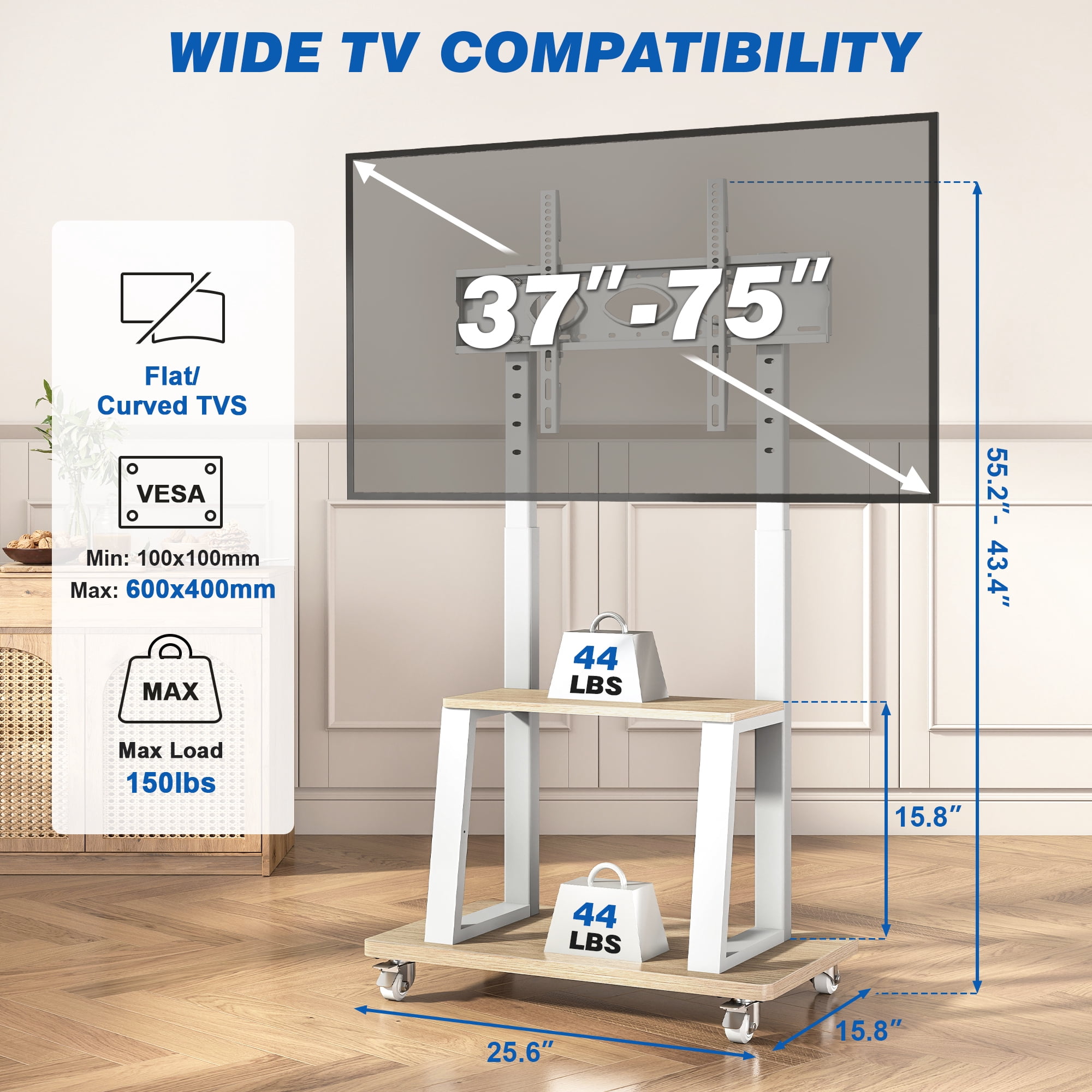 RTVR Rolling TV Stand on Wheels for 37-75 inch Screens with Storage Shelves, Portable Mobile TV Cart Height Adjustable Mount Max 150 lbs, White