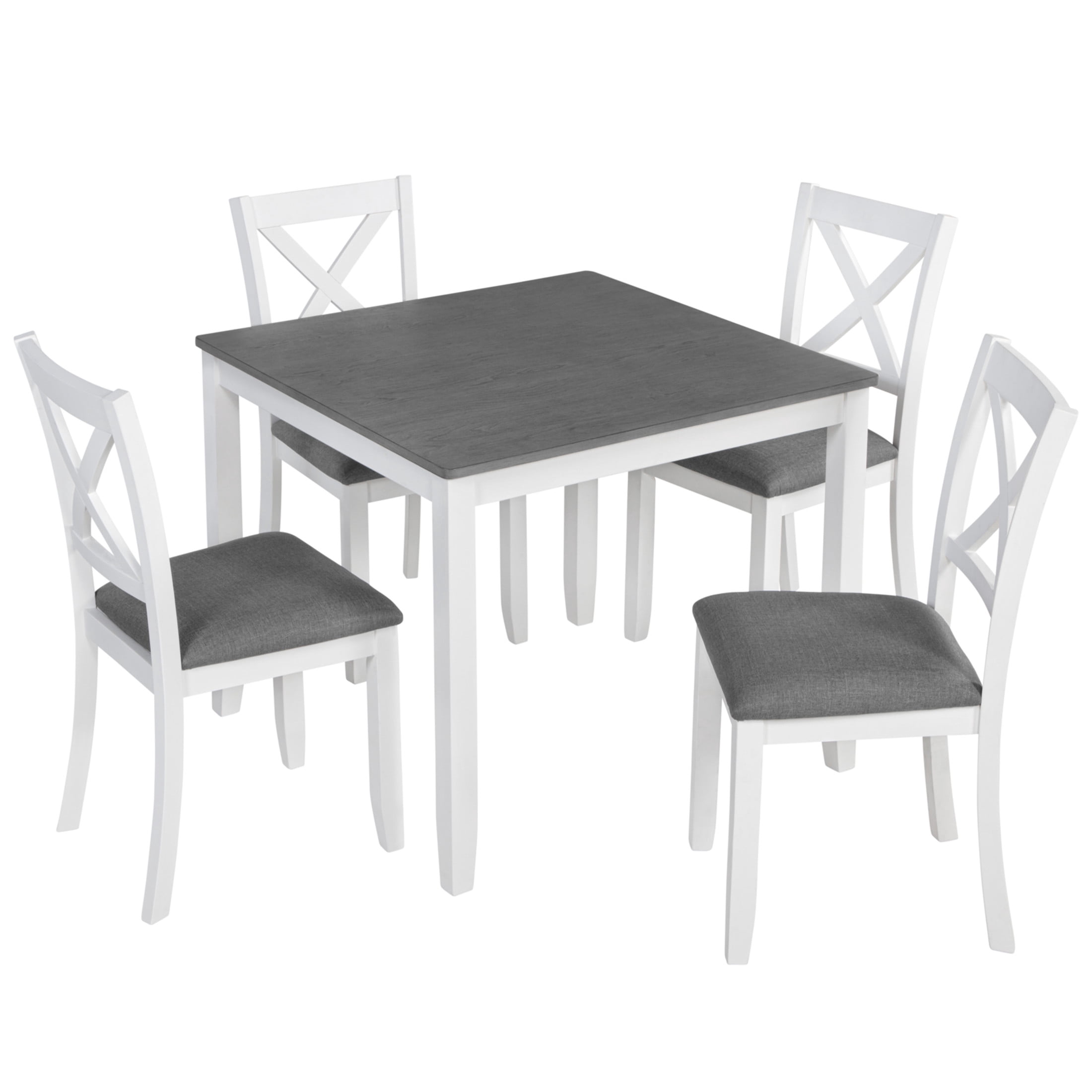 Noble House Modern Square Wooden Dining Table Set for 4 with X-Back Upholstered Chairs, Gray+White