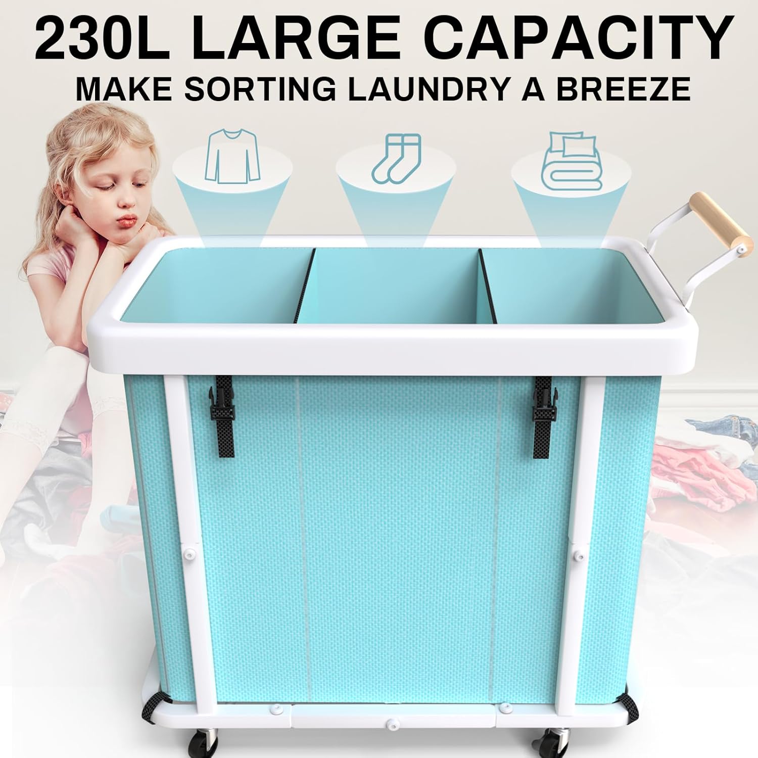 230L (60 Gal) Extra Large Fashion Laundry Sorter 3 Section with Lid, Rolling Laundry Basket Hamper with Handle, Laundry Organizer Storage Cart with Sturdy Metal Frame for Laundry Room,Hotel - Blue