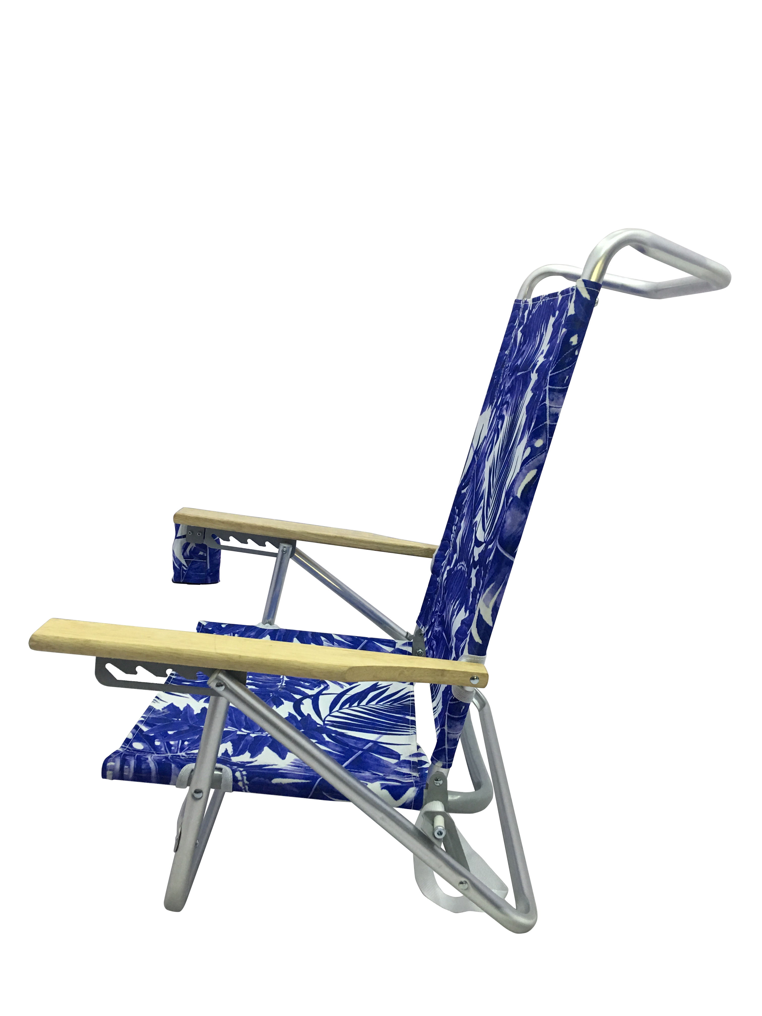 Mainstays Wood Arm Reclining Lay-Flat Beach Chair, Blue Palm