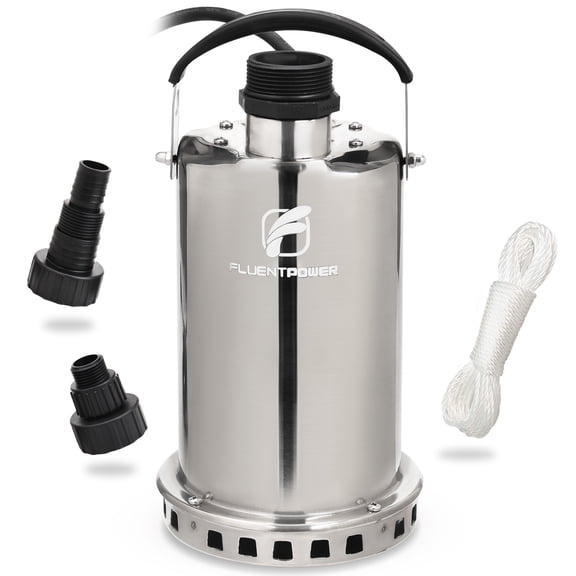 FLUENTPOWER 3/4 HP Stainless Steel Submersible Utility Pump, 3300 GPH, Manual Control, 26.2 ft Cord, for Pool and Basement Draining