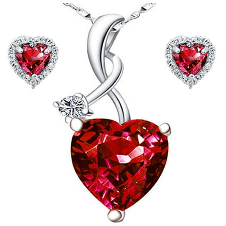 - 4.03 Carat TCW Heart Cut Gemstone Created Ruby 925 Sterling Silver Necklace Pendant and Earrings 3 Pieces Jewelry Set