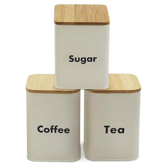 Kitchen Canister Set of 3 - Airtight Bamboo Lids - Coffee, Sugar, Tea Storage Jars - Metal Food Containers for Countertop - White, 4.49x5.32"