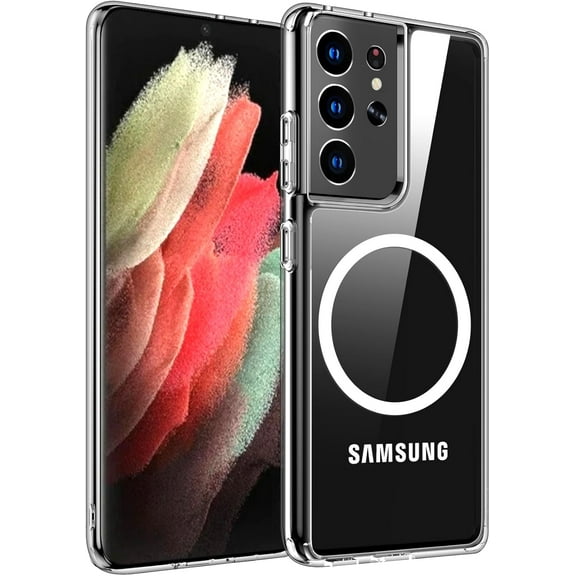 Magnetic for Samsung Galaxy S21 Ultra Case Compatible with Mag-Safe,[Anti-Yellowing] [12FT Mil-Grade Protection] with Hard Back & Soft Edge Slim Thin Shockproof Phone Case-Clear
