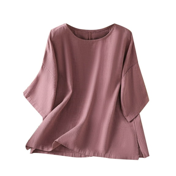 Htigea Cotton Linen 3/4 Sleeve Shirts for Women Casual Crewneck Basic Tees Loose Pullover Solid Tops Pink,M