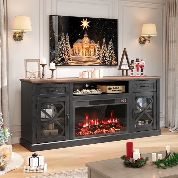 Fireplace TV Stand for 80 inch TVs, PAPROOS 70in TV Stand with 30in Fireplace, Farmhouse Entertainment Center for Living Room, 500Sqt Heating Area, Black&Brown