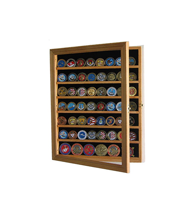 Military Challenge Coin Casino Poker Chip Display Case Shadow Box Wood  Cabinet-Oak Finish