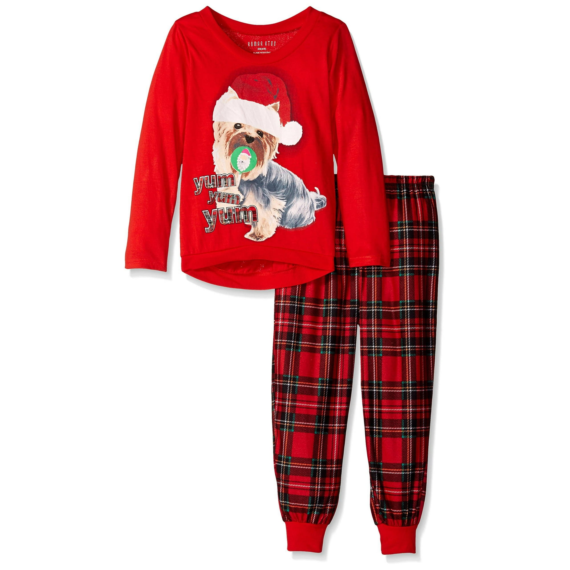 Komar Kids Girls Pajama Puppy Long Sleeve Top And Plaid Pants Sleepwear Red