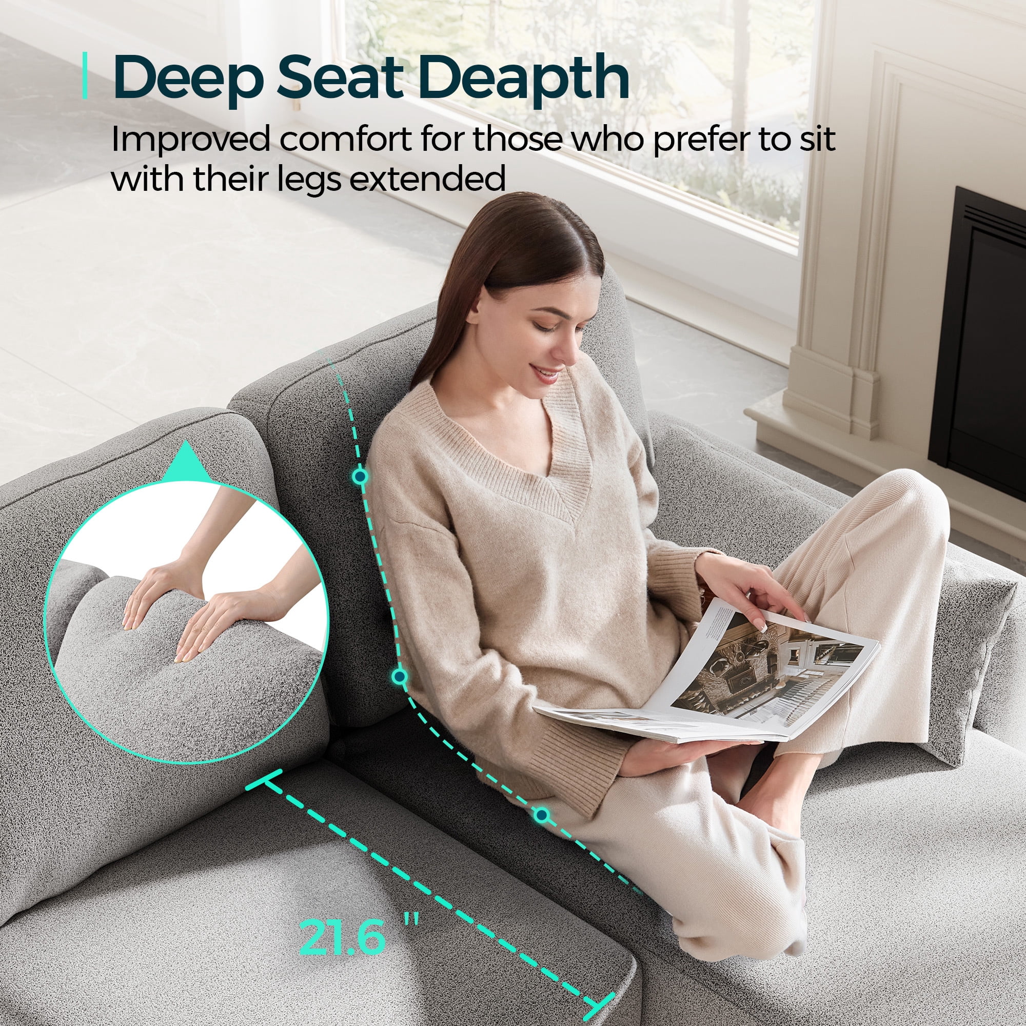 Linsy Home 101" Modular Sectional Couches for Living Room, U-Shaped Sectional Sofa with 2 Pillows, 4 Seat Oversized Sofa with Double Chaise, Light Gray Bouclé