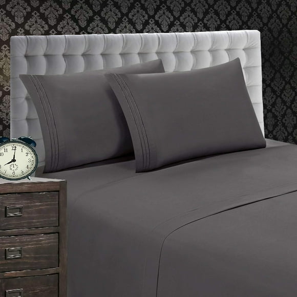 Elegant Comfort Ensemble de Draps 4 Pcs, Résistant aux Plis et à la Décoloration, Poches Profondes jusqu'à 18 Pouces et Couleurs, Full Gris