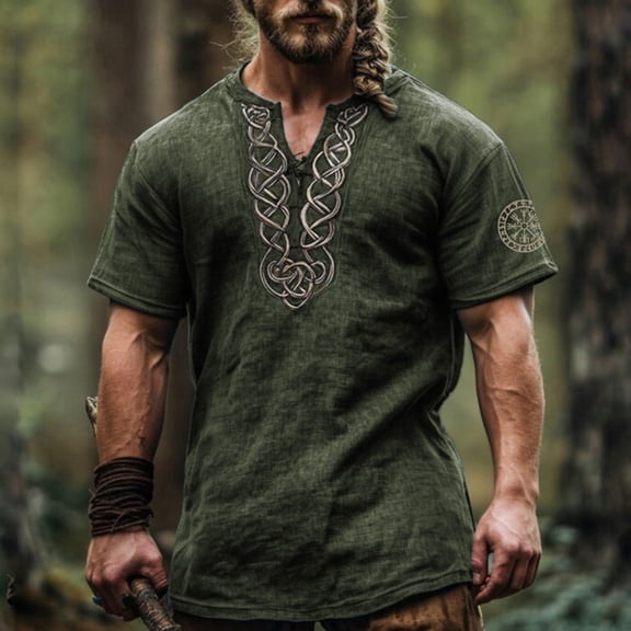 Tawop Men Shirts Summer Mens V Neck Shirts Linen Short Sleeve Shirt Casual Ethnic Style /Green Shirts