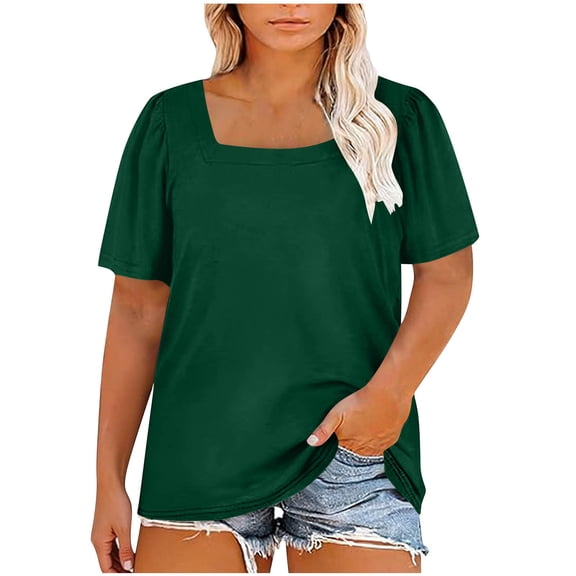 Hueook Square Neck Tops Plain Tshirt Casual Women's Solid Color Spring/Summer Plus-Size Fashion Casual Short Sleeve Neck Sleeve Top T-Shirt Army Green 5X