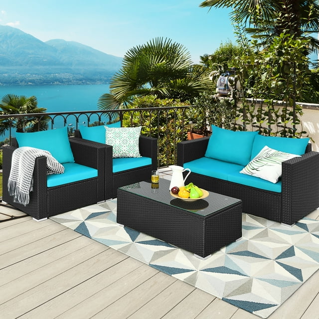 Gymax Ensemble de Conversation de Patio en Rotin 4 Pcs Ensemble de Meubles d'Extérieur avec Coussins Turquoise
