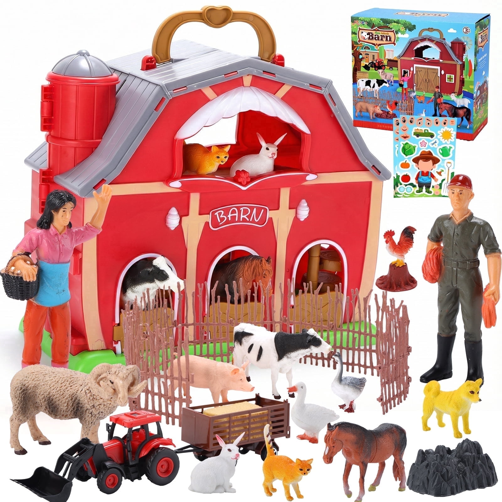 WeFone Farm Animals Toys for 3-8 Years Old Toddlers Girls Boys, Farm Playset with Figures Animals, 12 DIY Stickers and Tractor Toy, Christmas Birthday Gift for Boys Girls