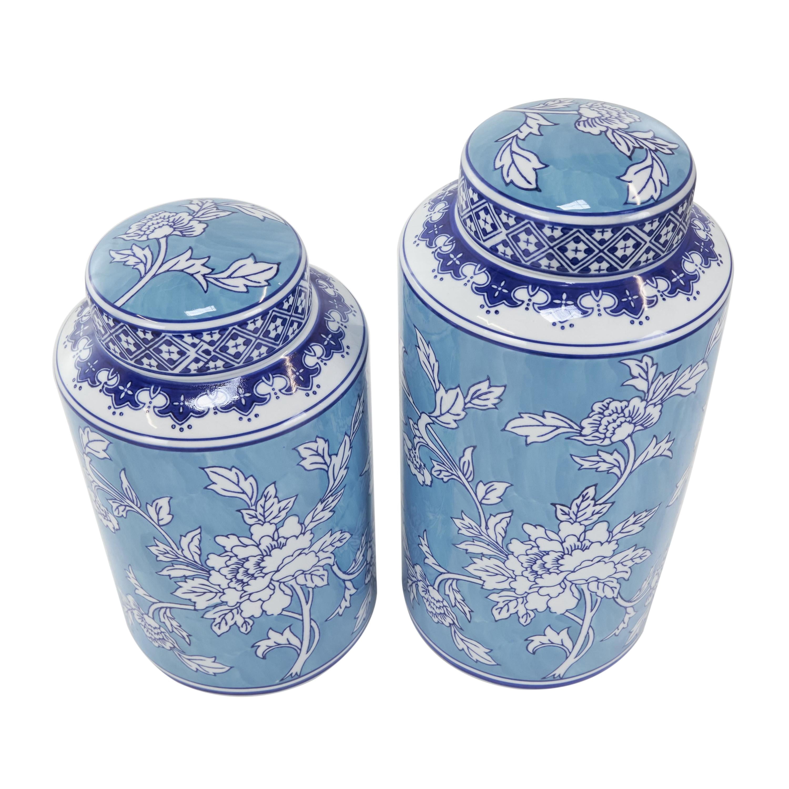 DecMode 12", 14"H Blue Ceramic Decorative Jars with White Floral Patterns, 2-Pieces