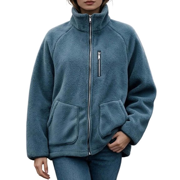 DYTTDG Women’s Fleece Zip-Up Jacket, Stand Collar Long Sleeve Sherpa Jacket with Chest Zipper Pocket & Front Patch Pockets, Casual Outerwear for Fall and Winter