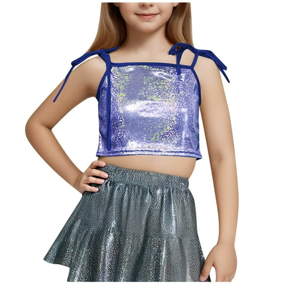 snilers Girls Tank Tops Square Neck Adjustable Strap Sleeveless Shirt Jazzes Hip Hop Dance Summer Vests Glitter Sparkly Tees Blouses for 4-14 Years