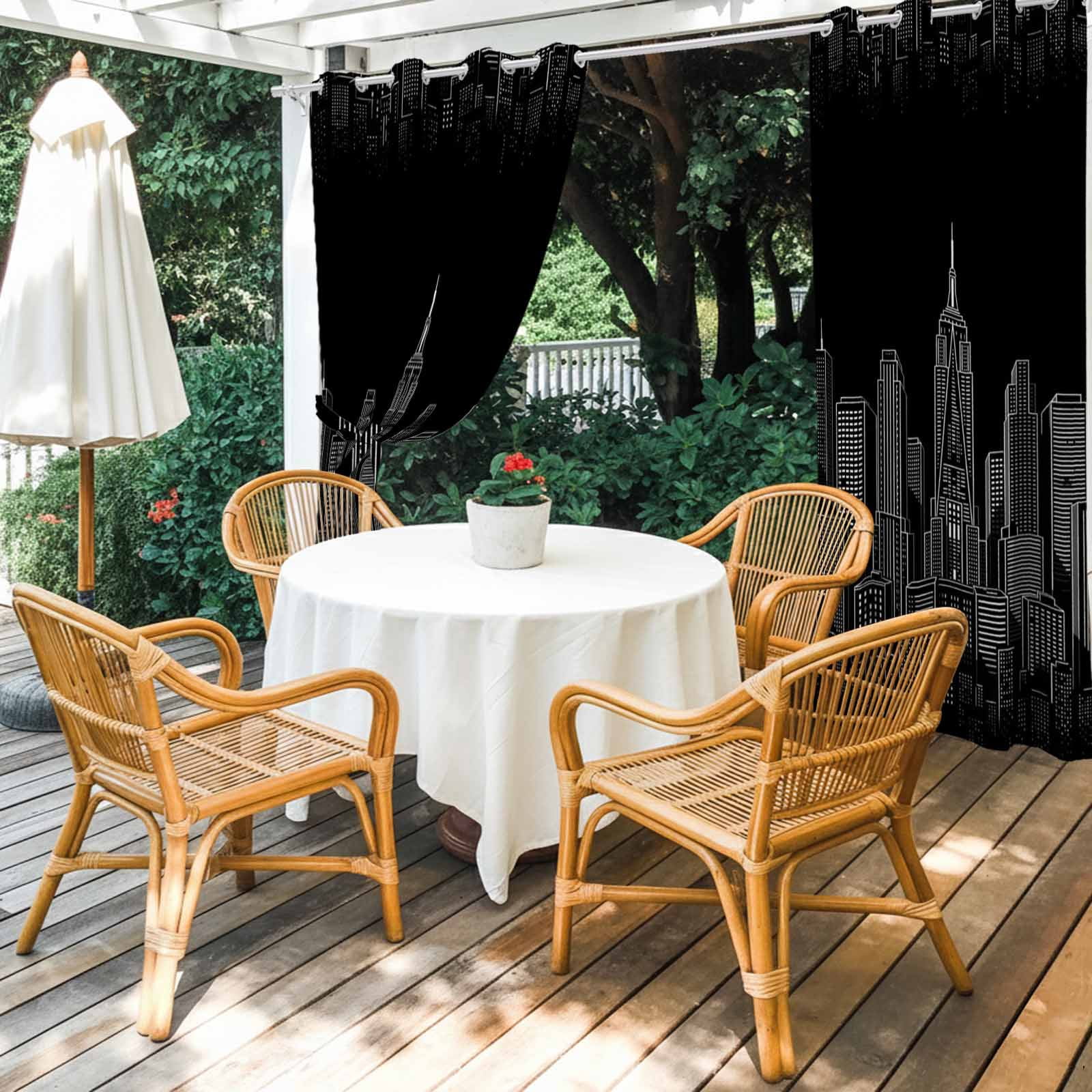Modern Art Outdoor Curtains for Patio, Black and White Skyscrapers Night City Minimalist Sunshade Privacy Drapes Grommet Waterproof Outside Curtains for Porch/Cabana/Balcony 54"x 108", 1 Panel