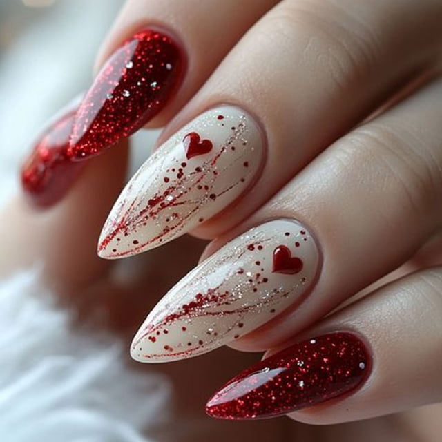 24 uñas postizas con diseño de corazones rojos para San Valentín, para usar, para usar, parches para uñas.