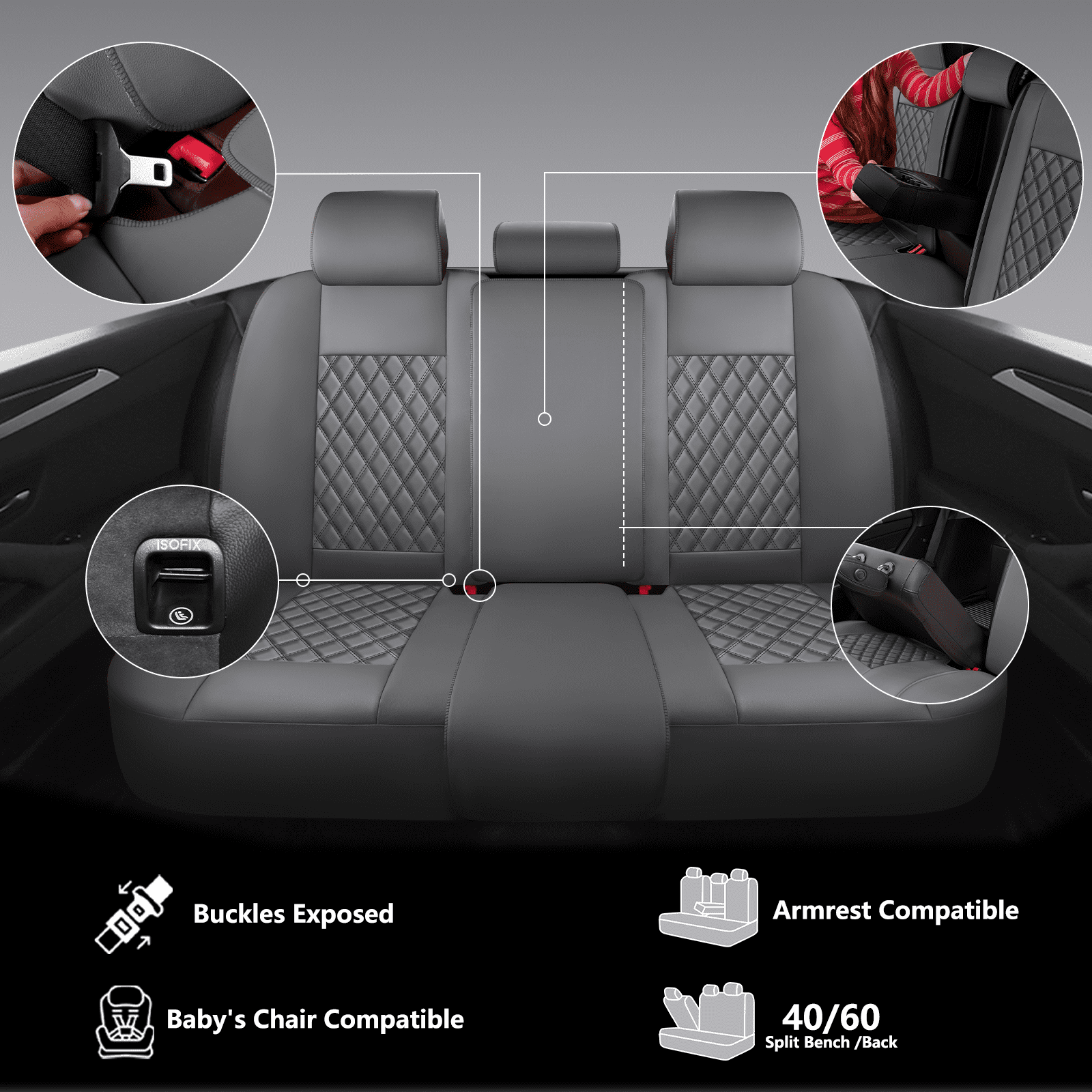 NS YOLO Premium Leather Car Seat Covers Full Set,Universal Fit for Cars,Trucks&SUVs,Waterproof Car Seat Cushion,Full Coverage Car Seat Protector with 5 Seats,gray
