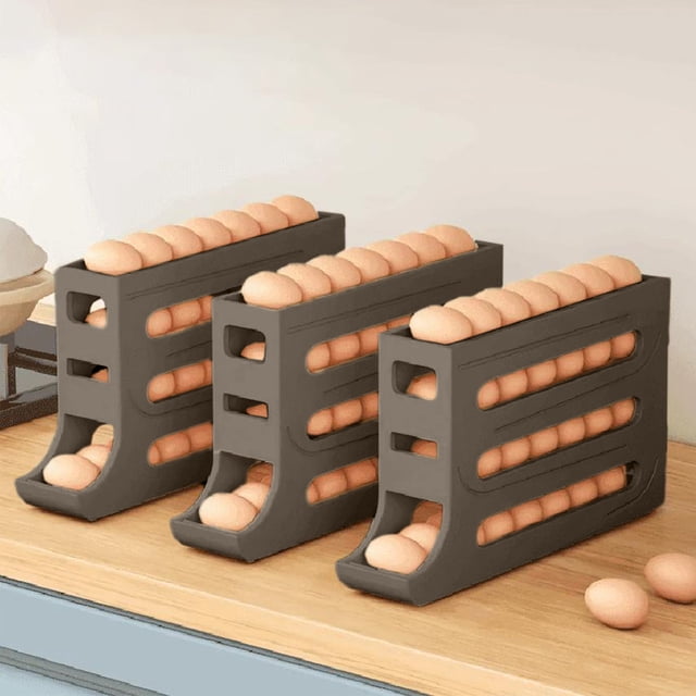 Yrmaups Automatic Rolling Egg Dispenser, 30-Count Plastic Egg Organizer for Refrigerator, Space Saving 4-Tier Storage Container with Rolling System for Kitchen and Fridge