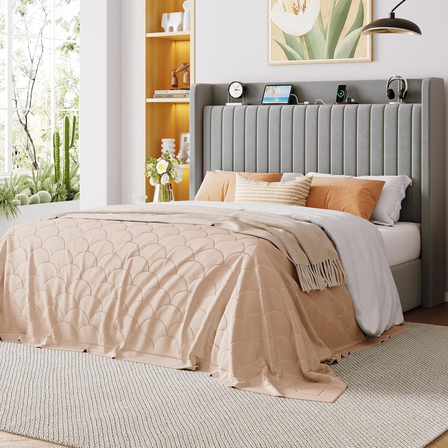 Allewie Full Size Lift Up Storage Bed Frame, Storage Shelf Headboard with Charging Station, Type-C and USB Ports, Hydraulic Support, Velvet Upholstered Bed Frame, No Box Spring Needed, Gray