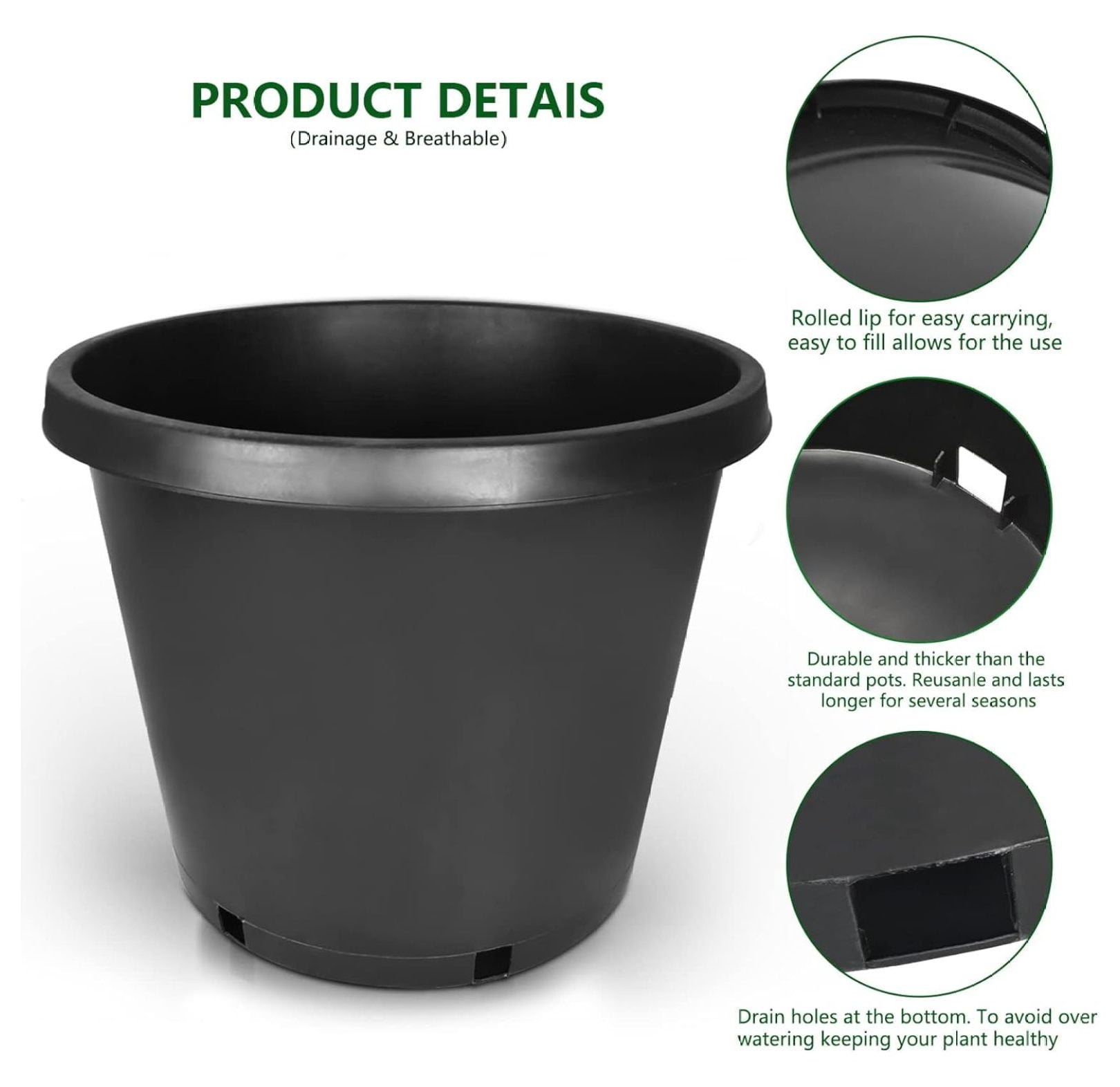 5-Pack 12.7 Gallon Round Planter Nursery Pots, Flower Plant Container Injection Molded Plastic Nursery Pots Gardening Pot for Indoor Outdoor Vegetables, , Black