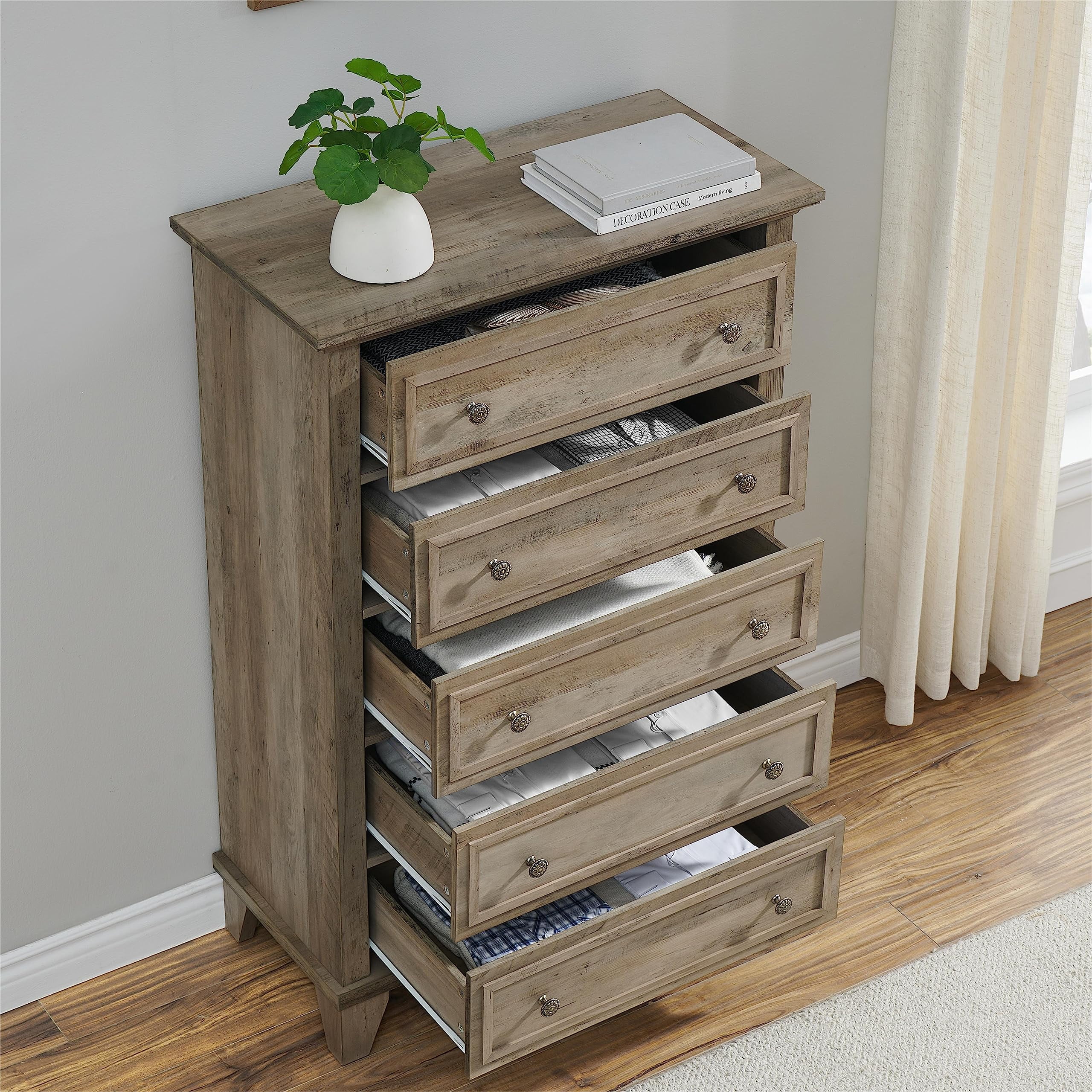 5 Drawer Dresser for Bedroom, 48" Tall Modern Chest of Drawers with Deep Drawers, Wood Storage Cabinet with Vintage Metal Handles for Living Room, Hallway, Grey