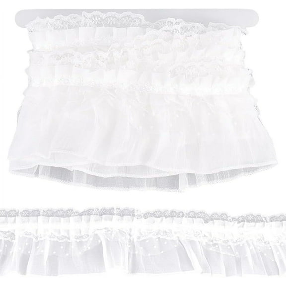 2.2 Yards x 3.85 Inch White Ruffle Lace Ribbon Double Layer Pleated Lace Fabric Trim Gathered Embroidered Sewing Applique Edge Trimmings
