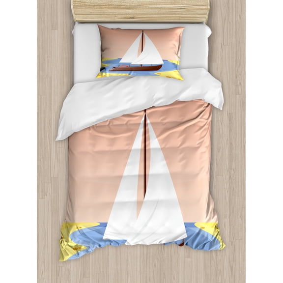 Marine Duvet Cover Set Twin Size, Sailboat in a Cove on Pastel Backdrop in Cartoonish Style, Decorative 2 Piece Bedding Set with 1 Pillow Sham, Peach Pale Azure Blue Brown Mustard, by Ambesonne