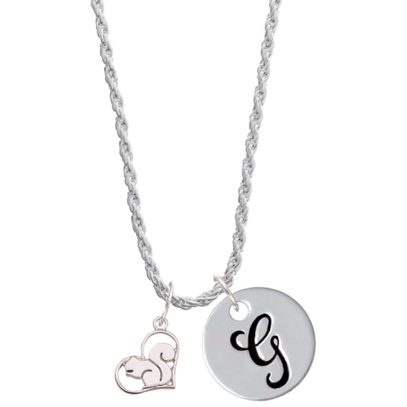 Delight Jewelry Silvertone Squirrel in Heart - Silvertone Script Initial Disc - G - Charm Necklace, 20"+3"