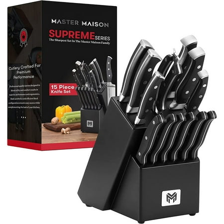 

15-Piece Premium Kitchen Knife Set With Wooden Block | German Stainless Steel Cutlery With Knife Sharpener & 6 Steak Knives (Black)