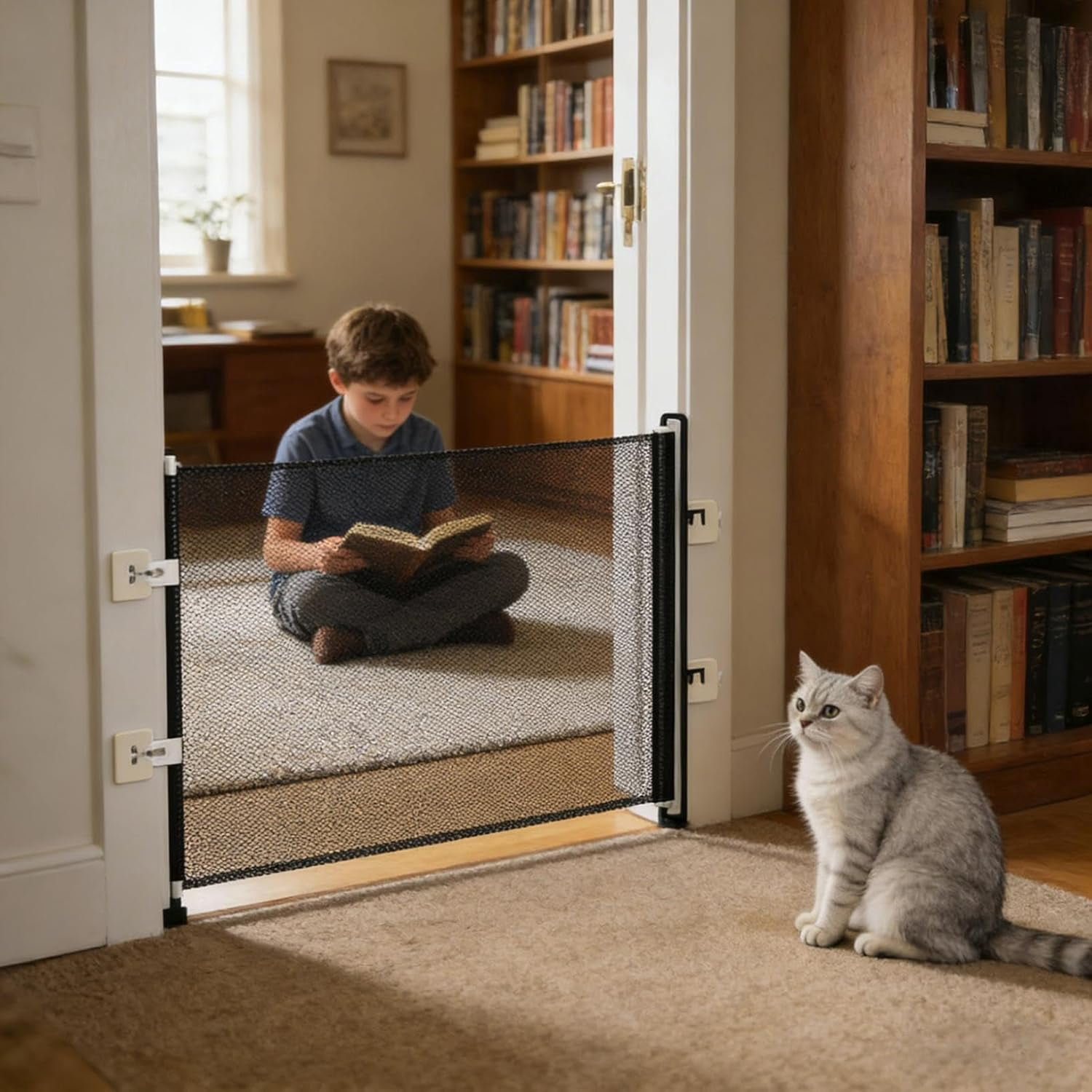 Retractable Mesh Gate for Pets, No-Drill Doorway Fence, 49 x 17 Inch
