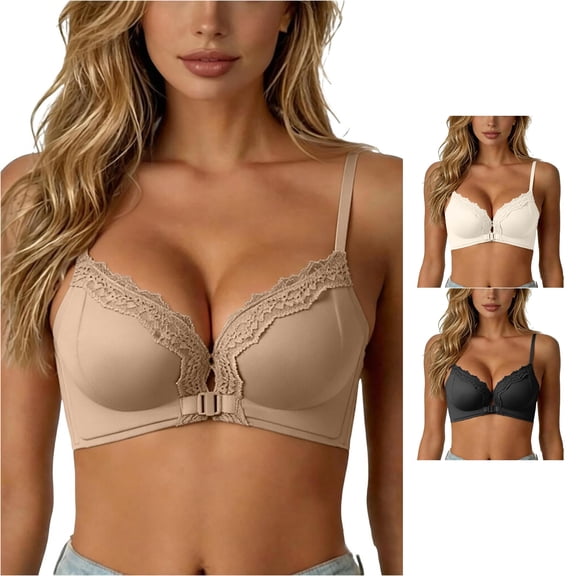 XFeng Front Closure Lace Bra Thin Adjustable Strap Push Up Everyday Bra