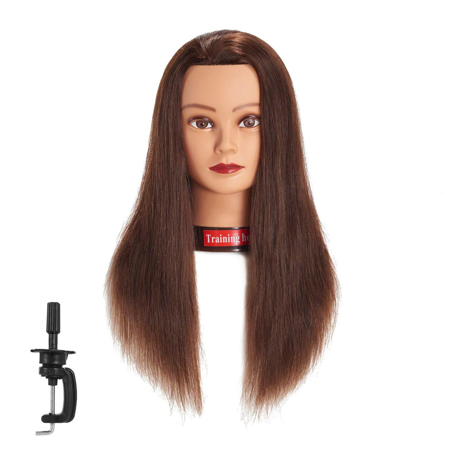 20 Inch 60% Human Hair Training Practice Head Styling Cutting Mannequin  Manikin Head with Free Clamp Holder Brown Hair Doll Head