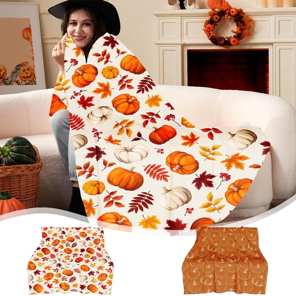 Manta de Calabazas con Estampado Otoñal | Tonos Naranja, Amarillo y Crema | Ideal para Acción de Gracias | Ligera, Cálida y Suave | 100 X 75 Cm | Multicolor | Composición: Franela y Poliéster | 360 G