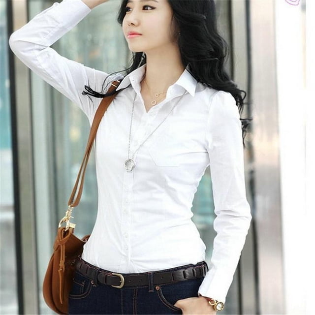 Camisa de las mujeres de la moda Formal delgada recta de manga larga camisa Casual Polo blusa más el tamañopangjing