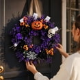 thumbnail image 6 of Artificial Halloween Wreath with Pumpkin, Skull, Black Rose, Spider Web and Purple Foliage | Spooky Fall Wreath with Burlap Hanging Loop for Home Porch Wall Party Decor, 6 of 7