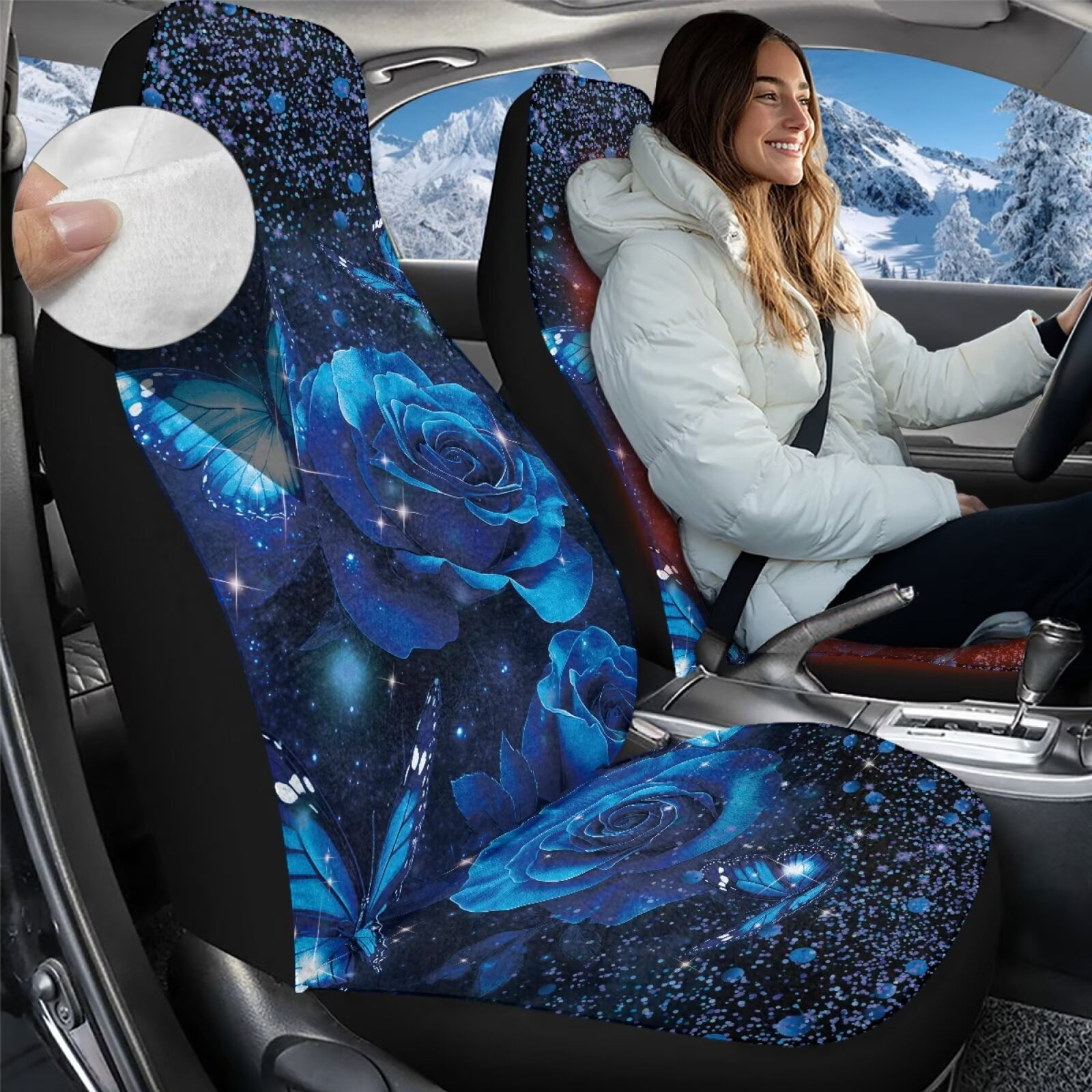 Uorisanigo Front Car Seat Cover - Breathable & Stylish, Blue Rose Butterfly Bottom Seat Covers of Full Wrapped Edge Universal Fit for Most Cars, SUV, Van Car Accessories Cushions