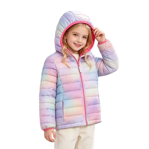 Girls Hooded Fleece‑Lined Quilted Puffer Jacket,Pink Printed Winter Outerwear,Lightweight Warm for Big & Little Kids,Pink,3-4 Years