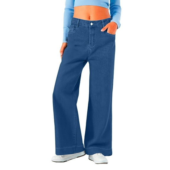 Prolriy Jeans for Women, Women's Baggy High Waist Wide Leg Jeans Trendy Work Casual Straight Denim Pants Women's Pants Blue L