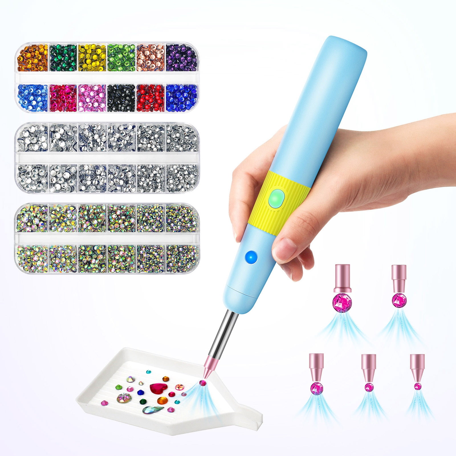 HEWANG Cordless Hotfix Rhinestone Applicator, Bedazzler Kit with Vacuum Pick Up Function, Adjustable Heat Hot Fix Wand for Clothes, Fabric & DIY Crafts, 5 Tips and 3024 PCS Rhinestones (Blue)