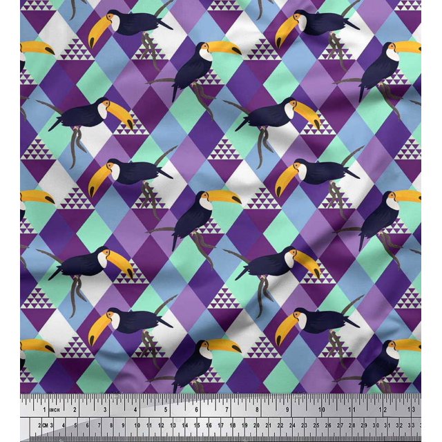Soimoi Velvet Fabric Check & Toucan Bird Printed Fabric 1 Yard 58 Inch Wide