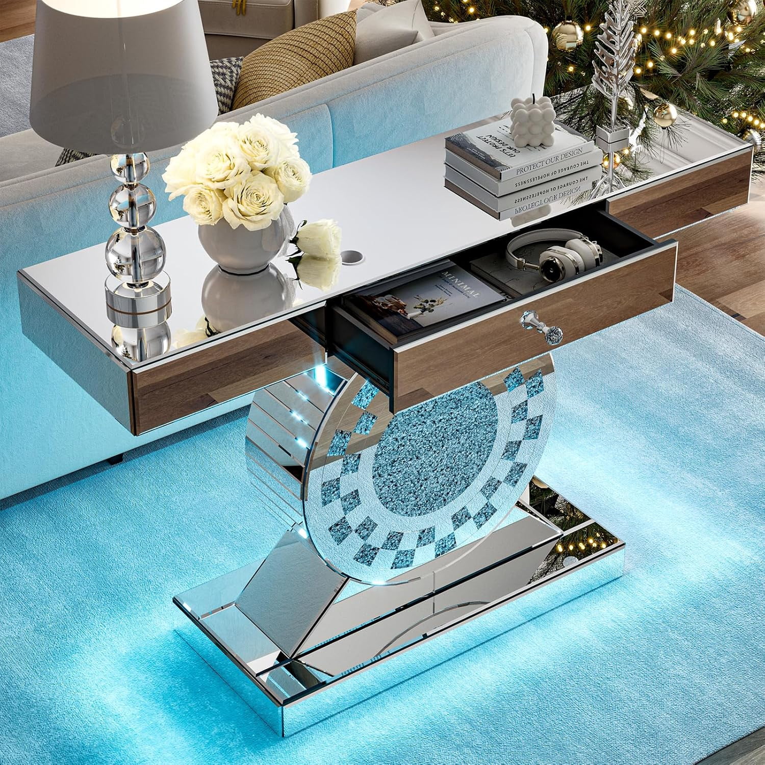 ARICOEASY Mirrored Console Table with LED Light and Storage Drawer, 47.2'' Long Entryway Sofa Table